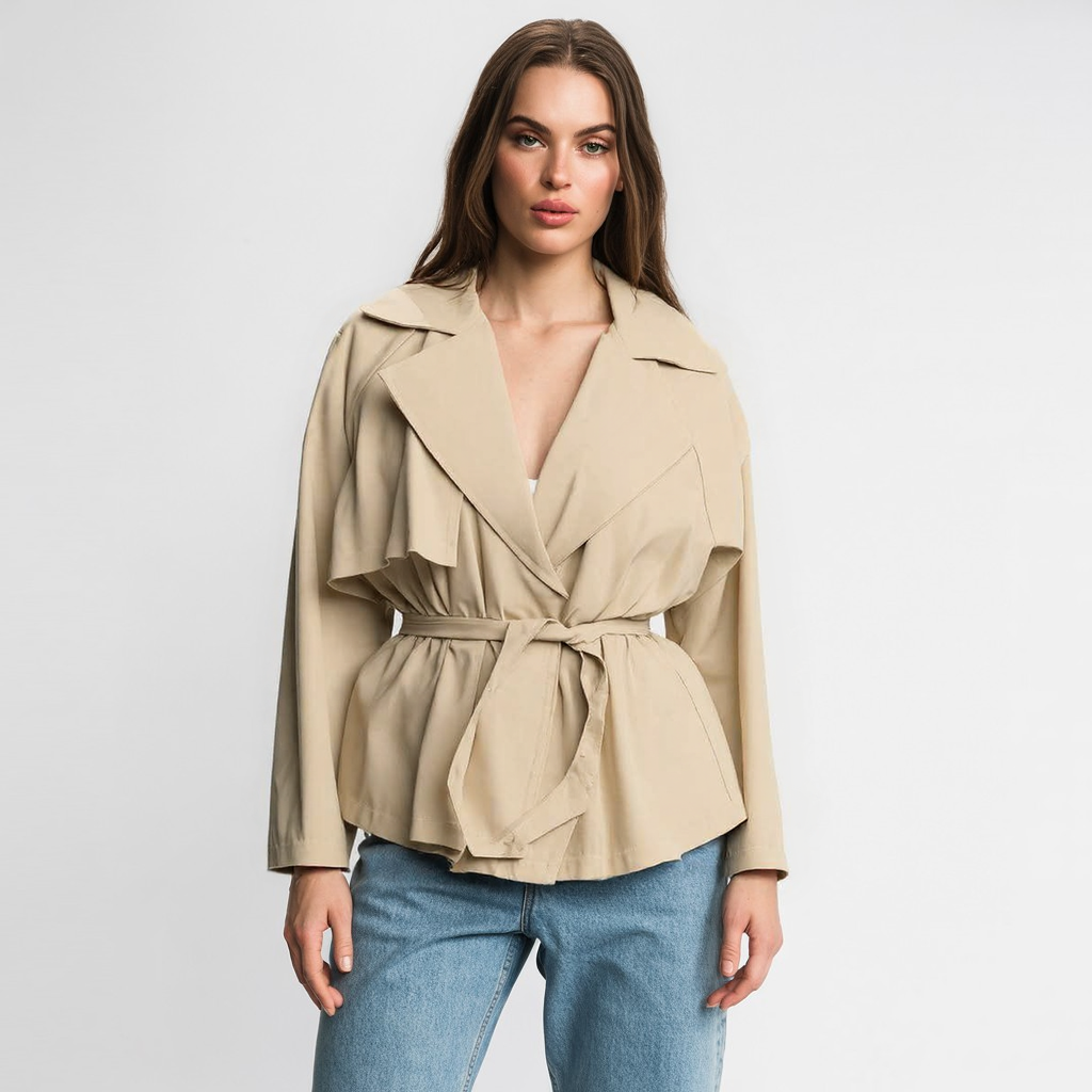 Caliante Damen Cropped Trenchcoat Beige mit Gürtel und Reverskragen