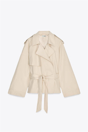 Caliante Damen Cropped Trenchcoat Beige mit Gürtel und Reverskragen