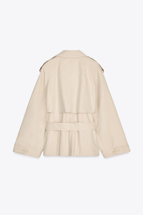 Caliante Damen Cropped Trenchcoat Beige mit Gürtel und Reverskragen