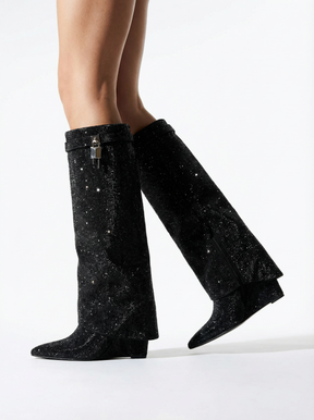 Elegante Aléor Glänzende Damen Stiefeletten Metallic Look Gold Silber Schwarz