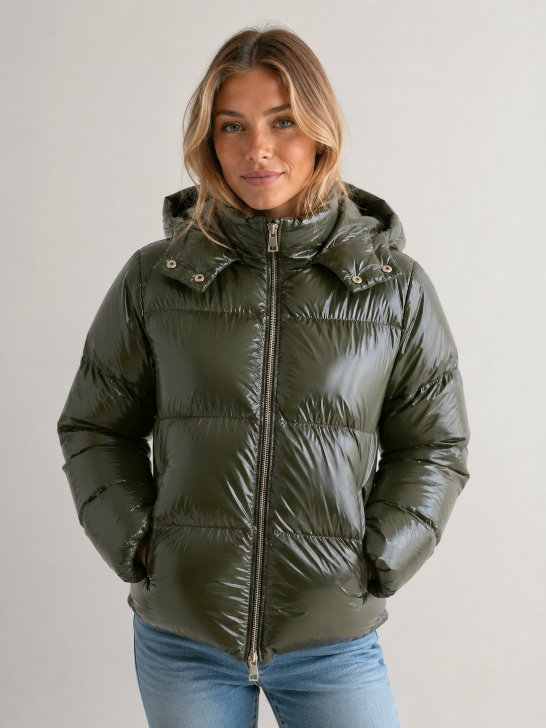 Premium Shiny Pufferjacke - olivegrün