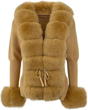 Eleganter Damen Strick-Cardigan mit luxuriösem Kunstfell, Taillengürtel & Feinstrick