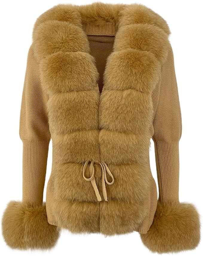 Eleganter Damen Strick-Cardigan mit luxuriösem Kunstfell, Taillengürtel & Feinstrick