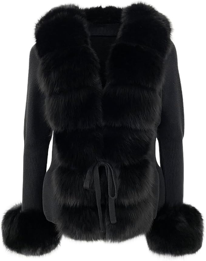 Eleganter Damen Strick-Cardigan mit luxuriösem Kunstfell, Taillengürtel & Feinstrick