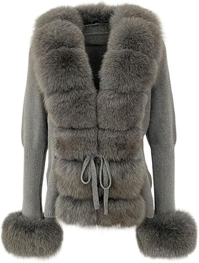 Eleganter Damen Strick-Cardigan mit luxuriösem Kunstfell, Taillengürtel & Feinstrick