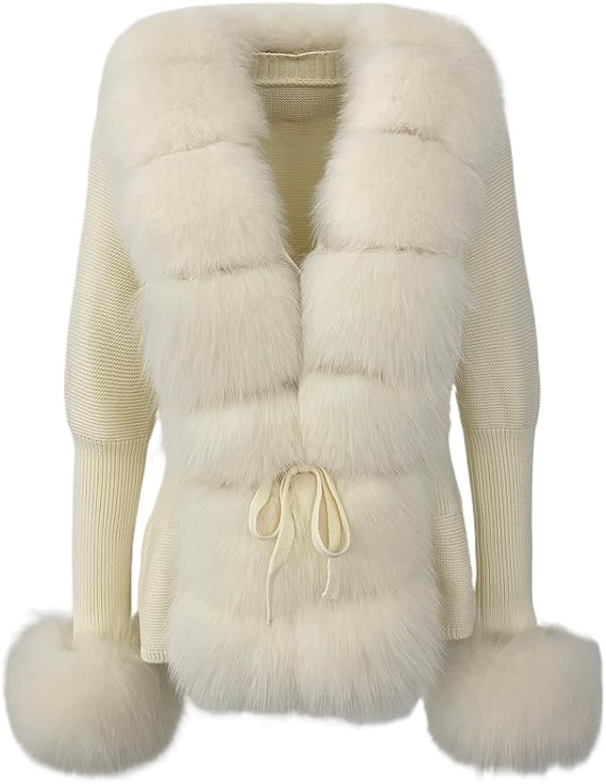 Eleganter Damen Strick-Cardigan mit luxuriösem Kunstfell, Taillengürtel & Feinstrick
