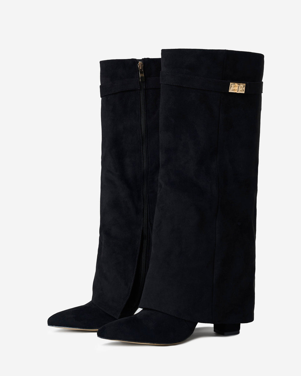Lavista Kniehohe Wildlederstiefel Schwarz mit Umschlag und schicker Schnalle