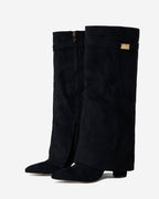 Lavista Kniehohe Wildlederstiefel Schwarz mit Umschlag und schicker Schnalle