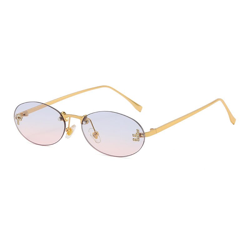 Trendige Randlose Ovale Sonnenbrille mit Gold-Akzenten – Eleganter UV-Schutz